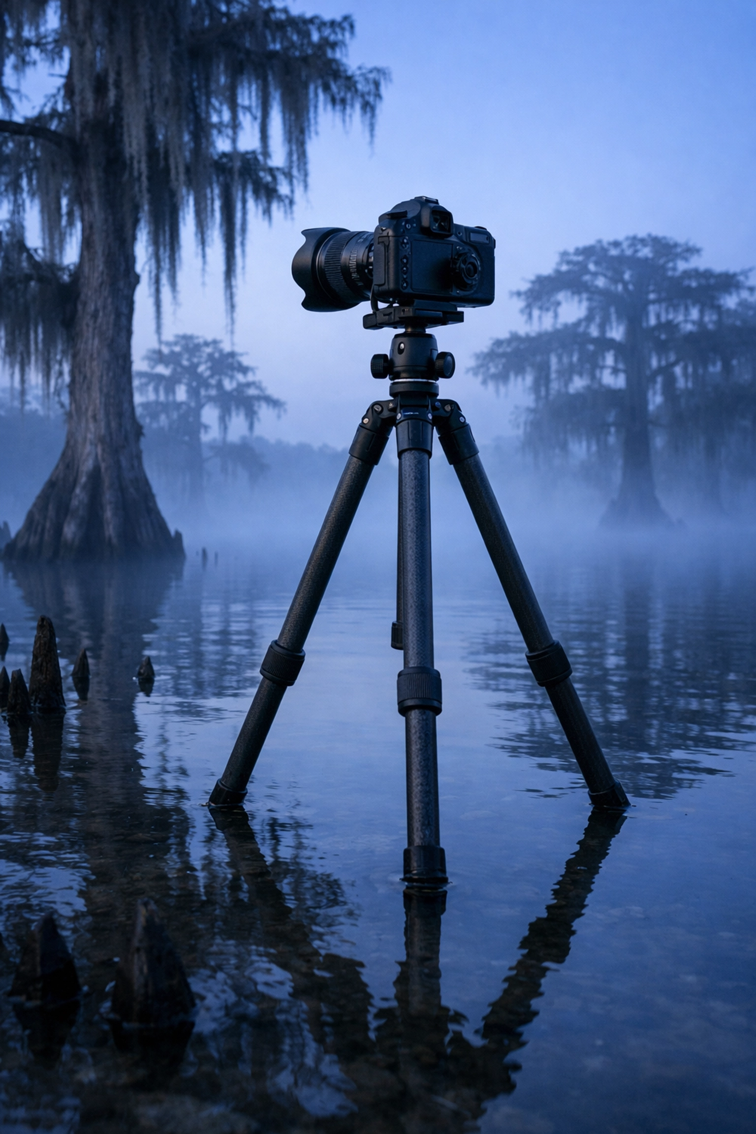 Professional camera tripod in the Florida Everglades for sharp, ethereal fine art photography results.