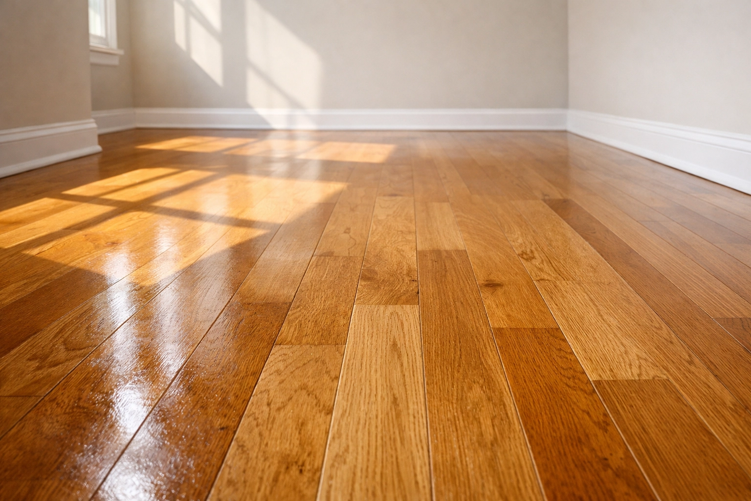 Freshly cleaned hardwood floors and baseboards in empty apartment during turnover