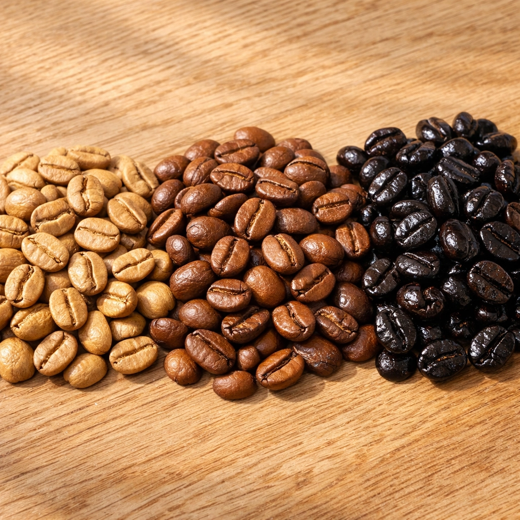 Three piles of coffee beans showing light, medium, and dark roast profiles on a wooden surface.