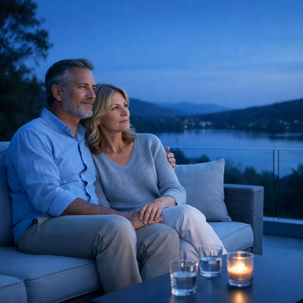 Middle-aged couple relaxing outdoors, reflecting the stability of permanent whole life and IUL plans.