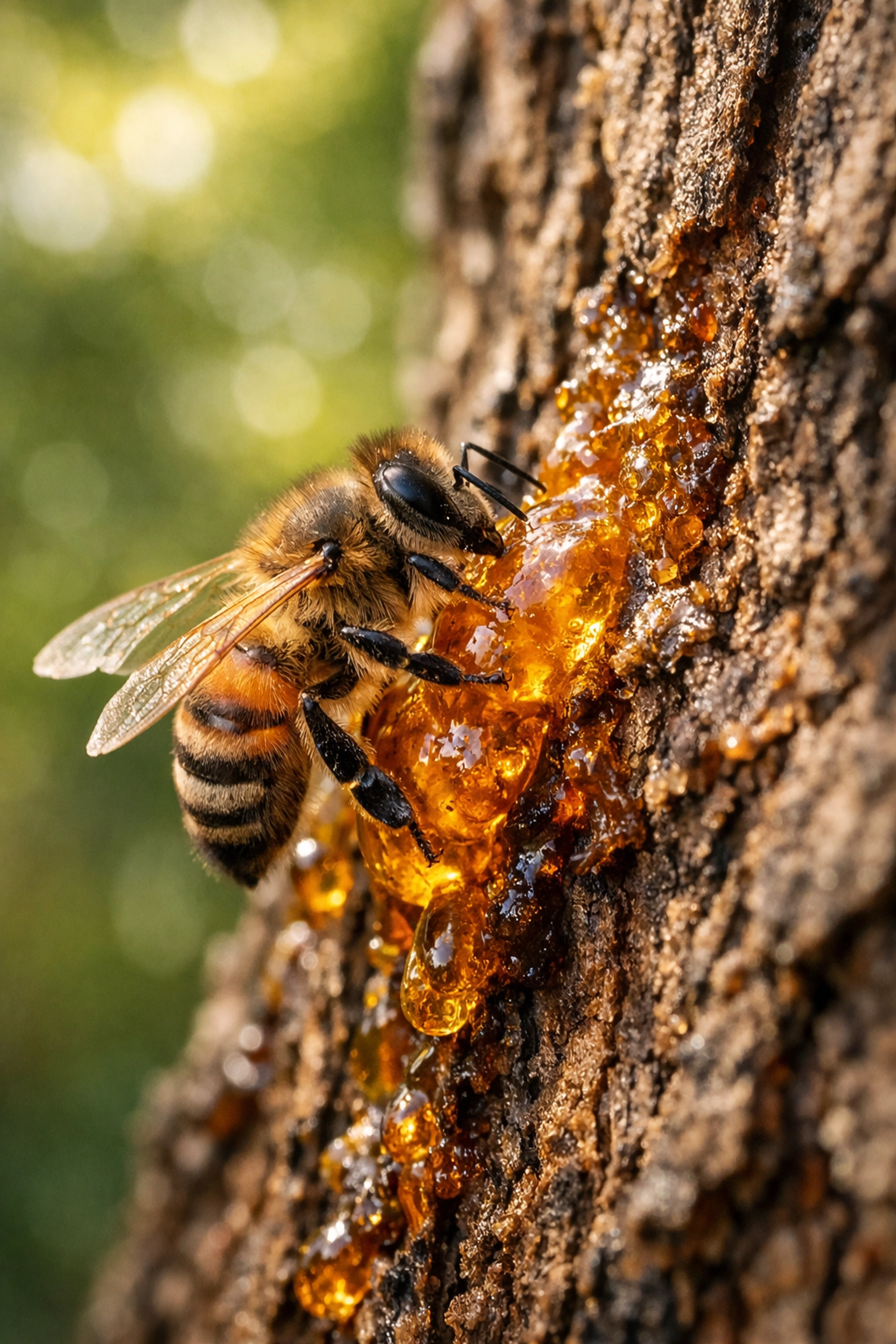 Honeybee collecting resin for propolis, the natural immunity shield found at Moroccan Goods Shop.