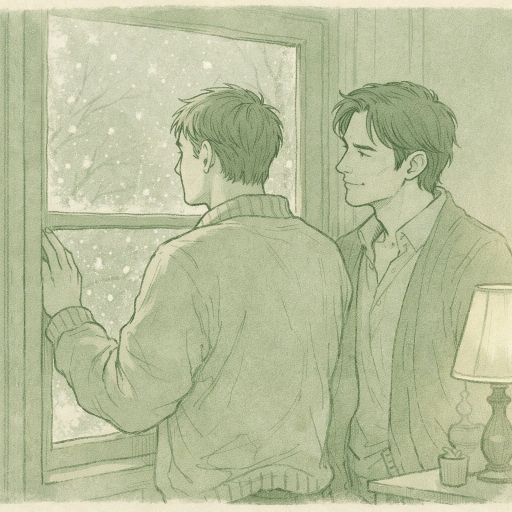 MM couple by frosted window in winter, atmospheric gay romance emotional tension