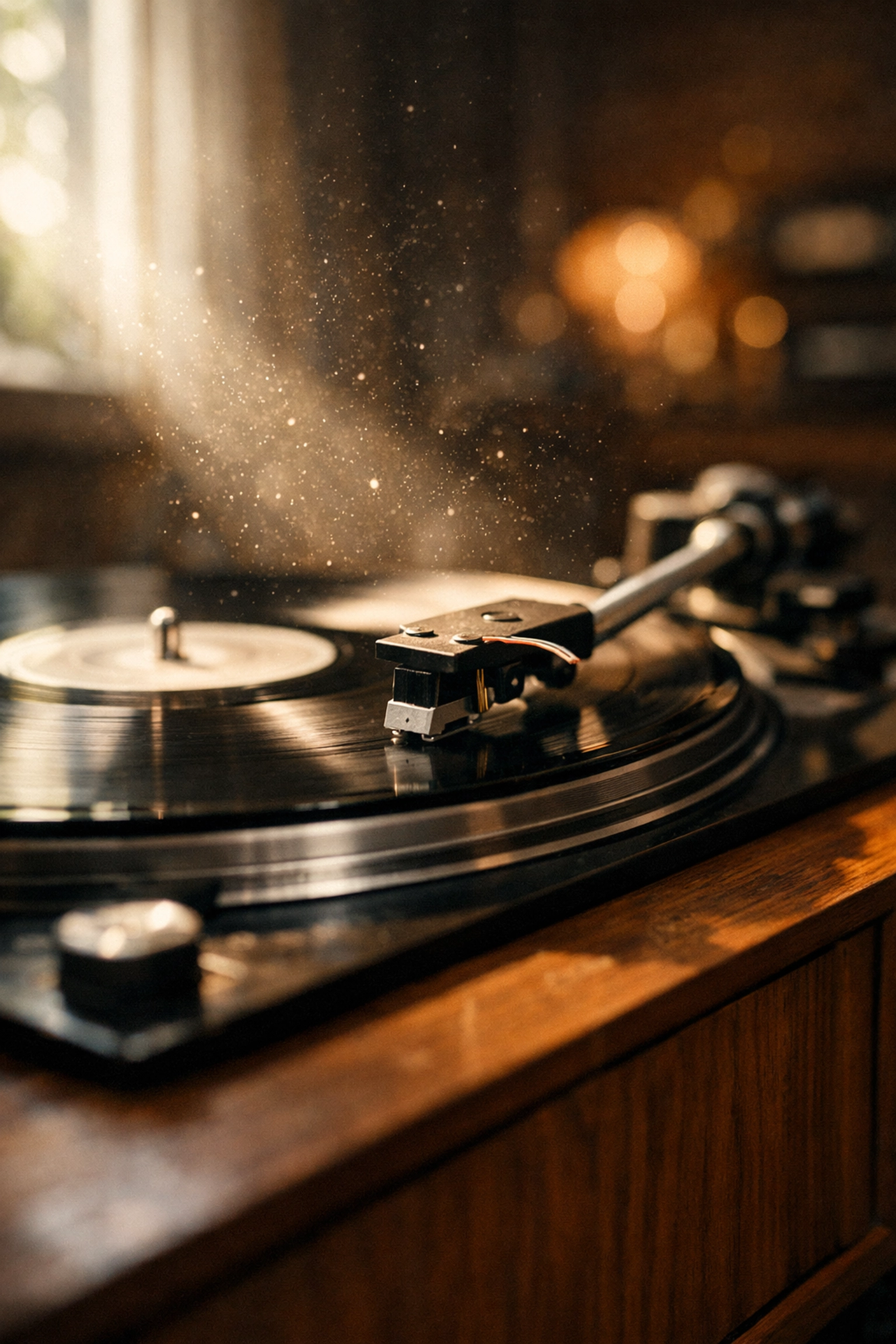 Turntable stylus playing vinyl record to test for pops, clicks, and surface noise