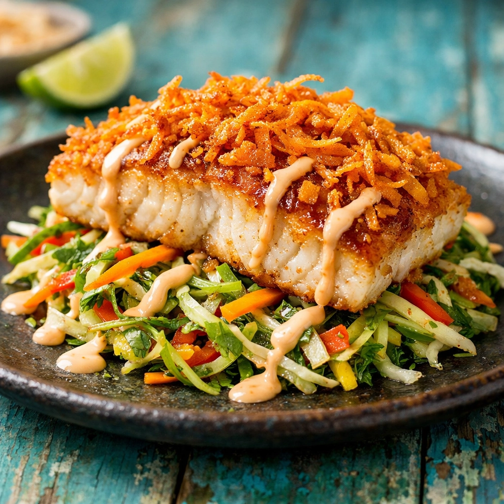 Signature sweet potato crusted snapper with tropical slaw, a top-selling dish at Little Moir's Leftovers.