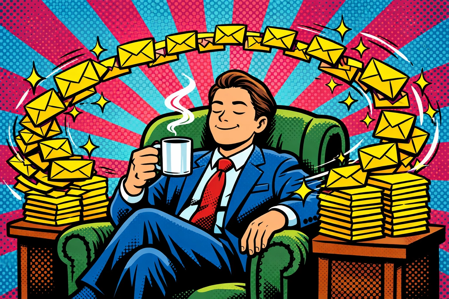 Relaxed business owner using AI email automation to organize a vortex of digital messages and tasks.