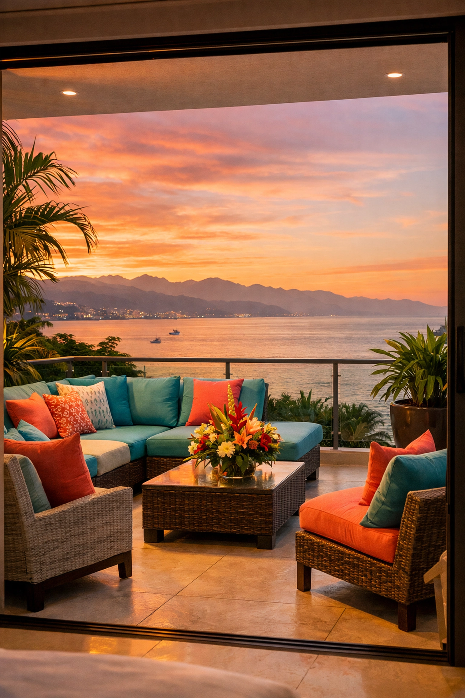 Modern Puerto Vallarta condo balcony at sunset with Bay of Banderas and mountain views