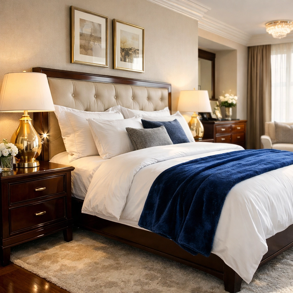 Clean master bedroom with fresh linens from weekly house cleaning Berlin MA.