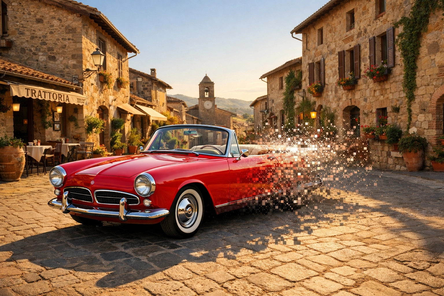 Red vintage car added to an Italian street using AI generative fill photo editing tools.