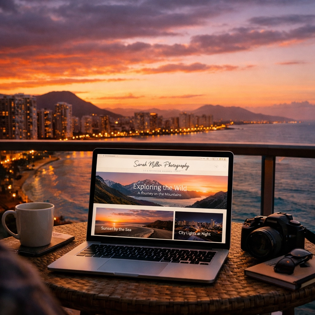 A photography blog open on a laptop at sunset, illustrating fast and high-quality image delivery.