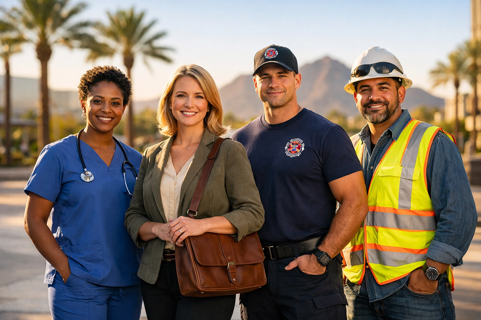 Phoenix professionals like nurses and teachers standing together as part of a community hero network.