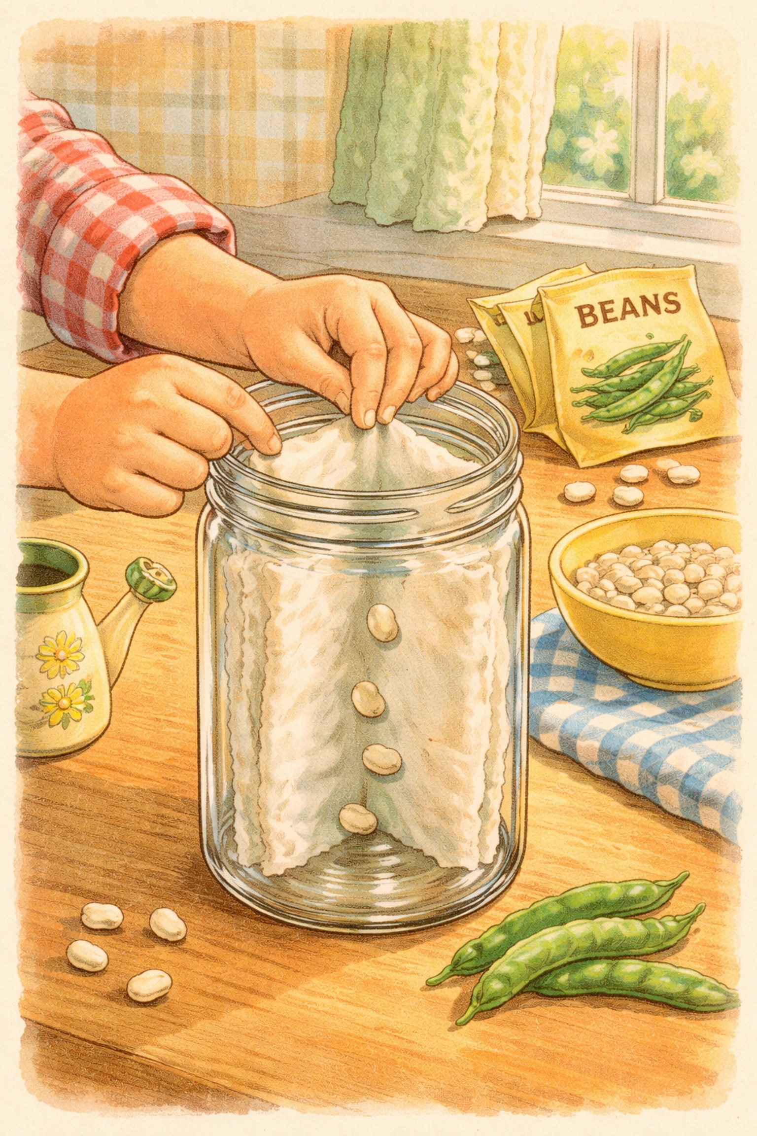 Child placing bean seeds in a glass jar with paper towels, demonstrating a simple root growth experiment.