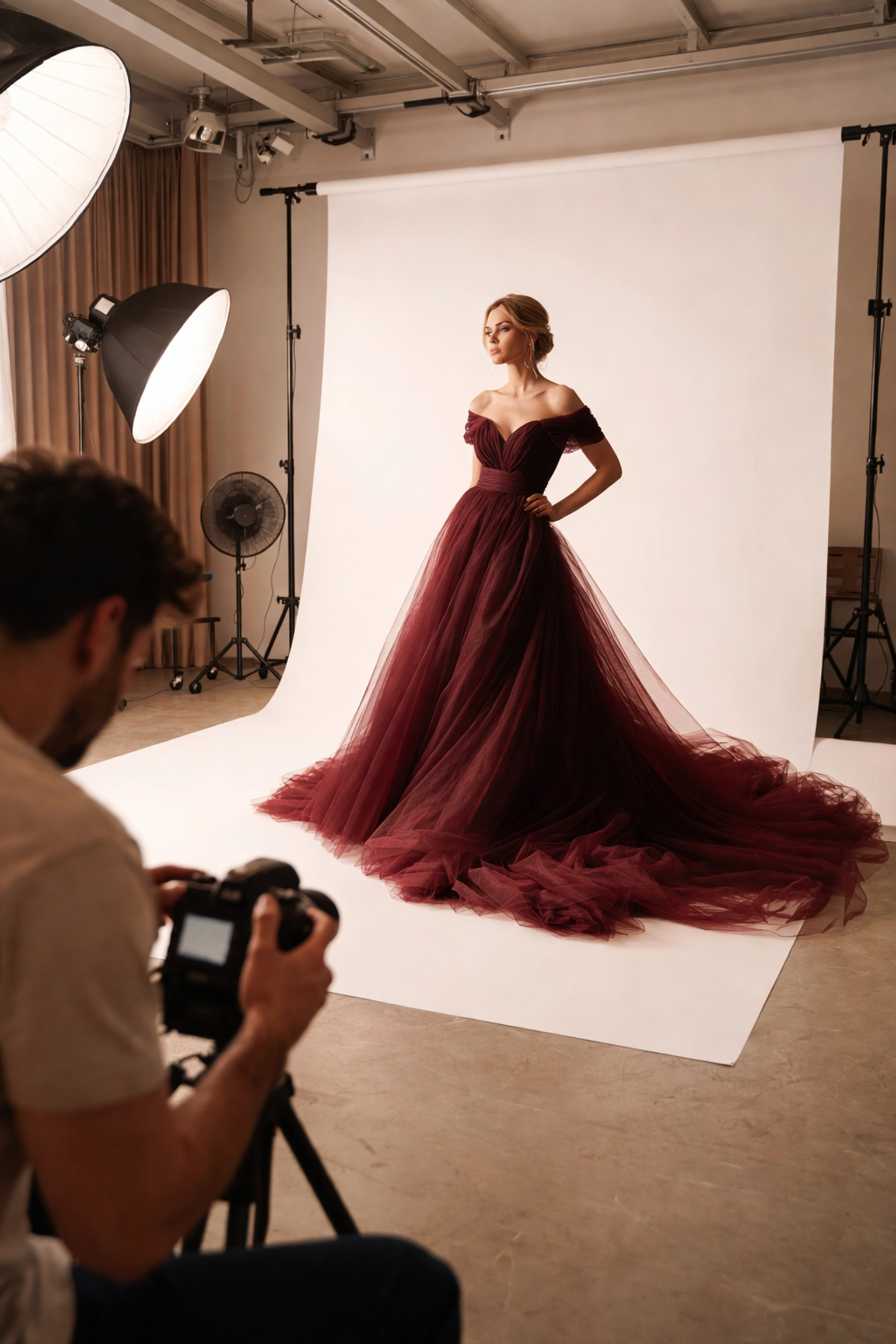 Fashion show photography studio with model in couture gown, showcasing professional portfolio standards for fashion week applications.