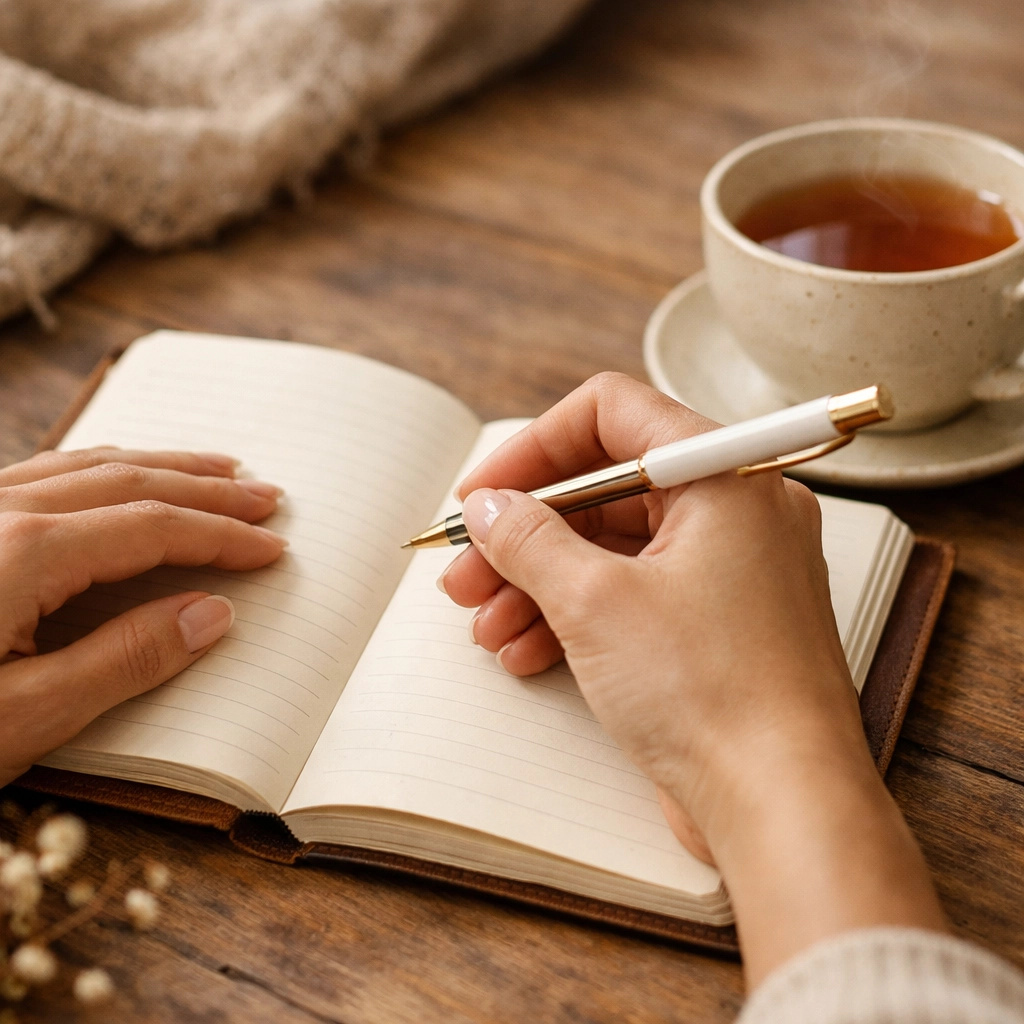 Woman journaling to practice self-reflection and set boundaries without guilt