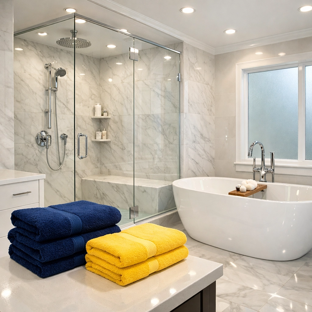 Sanitized luxury bathroom with marble tile, showcasing high-end Fitchburg Residential Cleaning results.