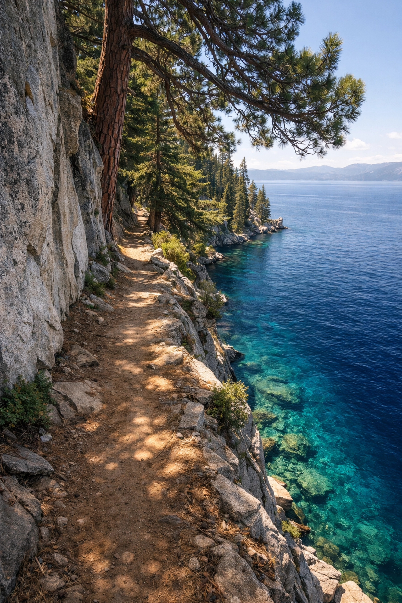 Hiking the Rubicon Trail at D.L. Bliss State Park overlooking the deep blue water of Lake Tahoe.