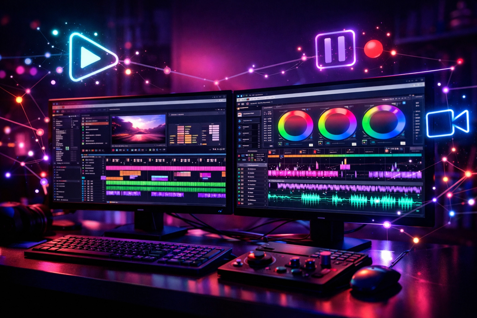 Advanced workstation with automated video marketing software and AI content creation timelines in a creative studio.