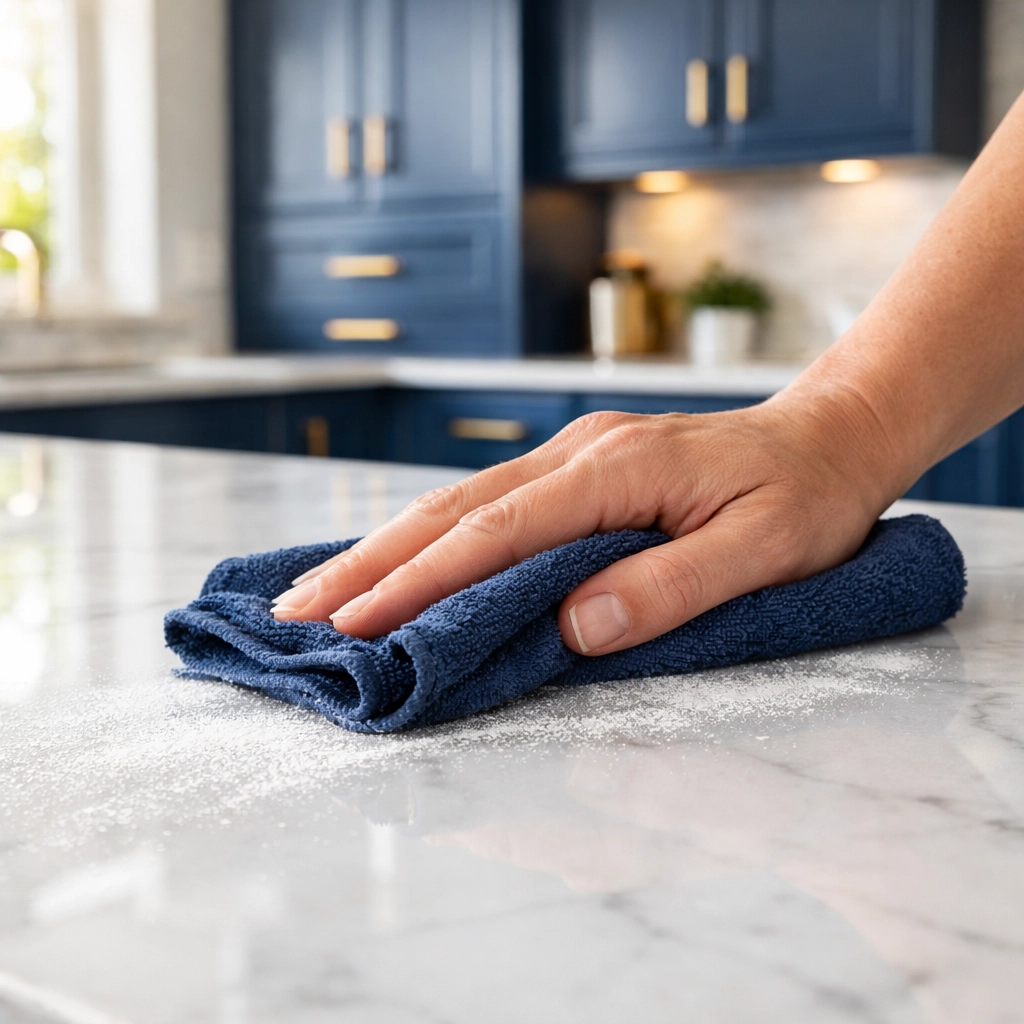 Professional post-construction cleaning in Franklin removing fine drywall dust from a marble countertop.