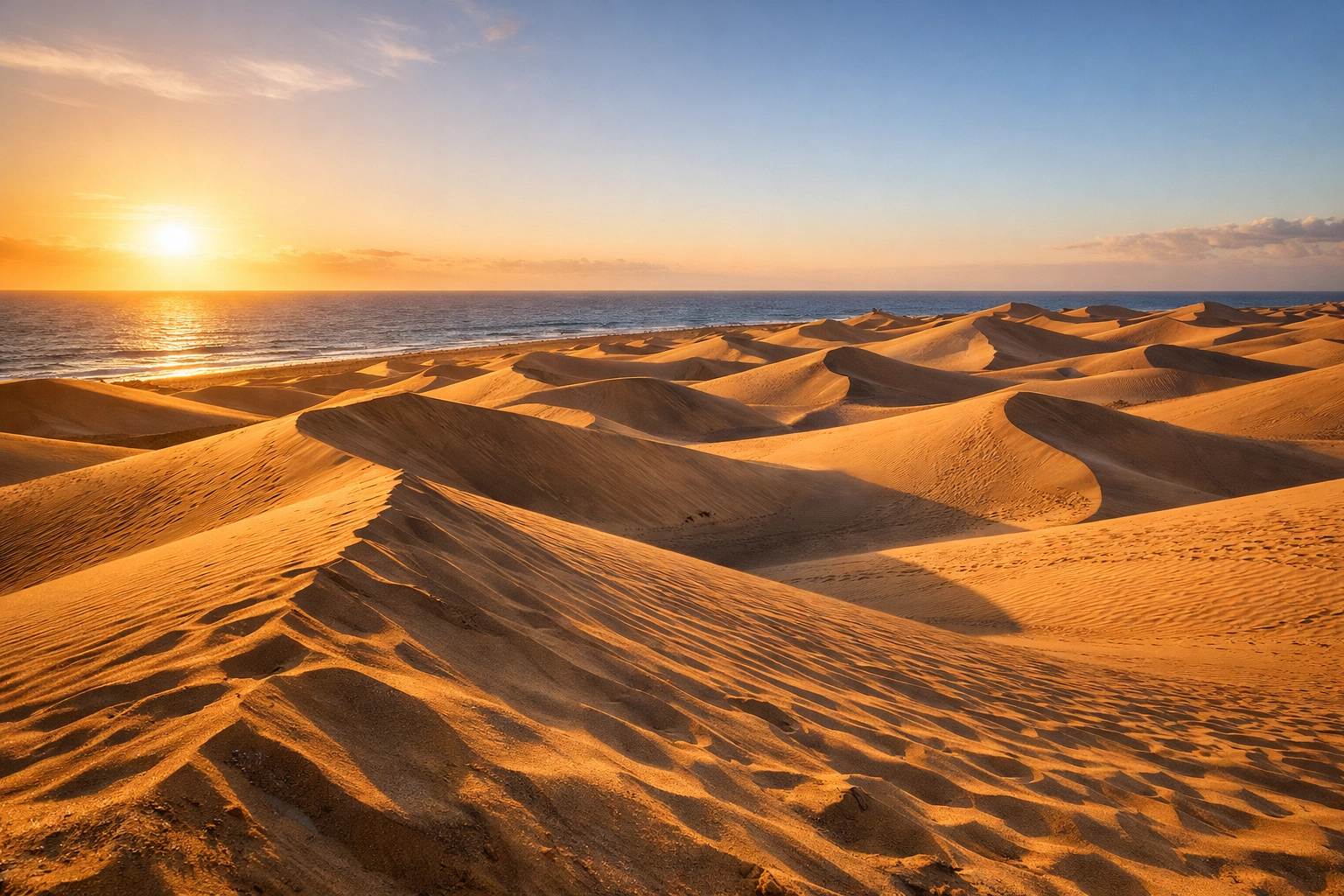 Sunset over Maspalomas Dunes in Gran Canaria, a must-see for familyholidays and hikers.