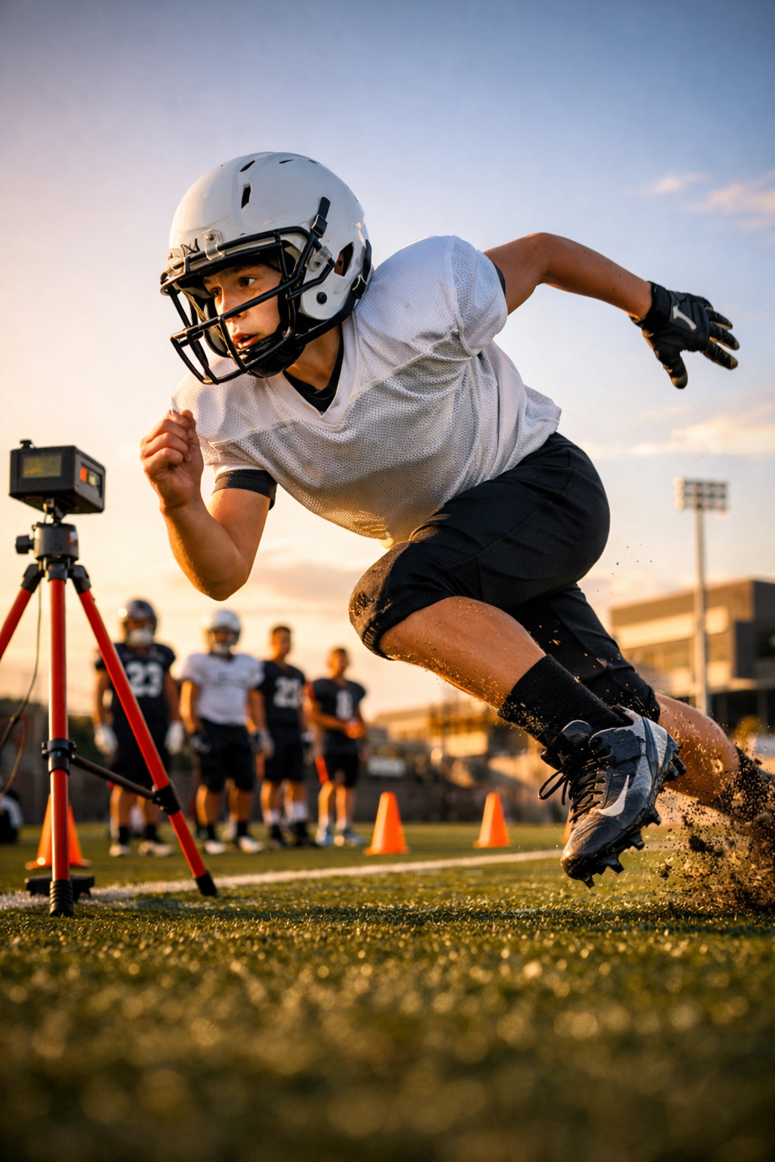 Middle school football player sprinting 40-yard dash at showcase tryout