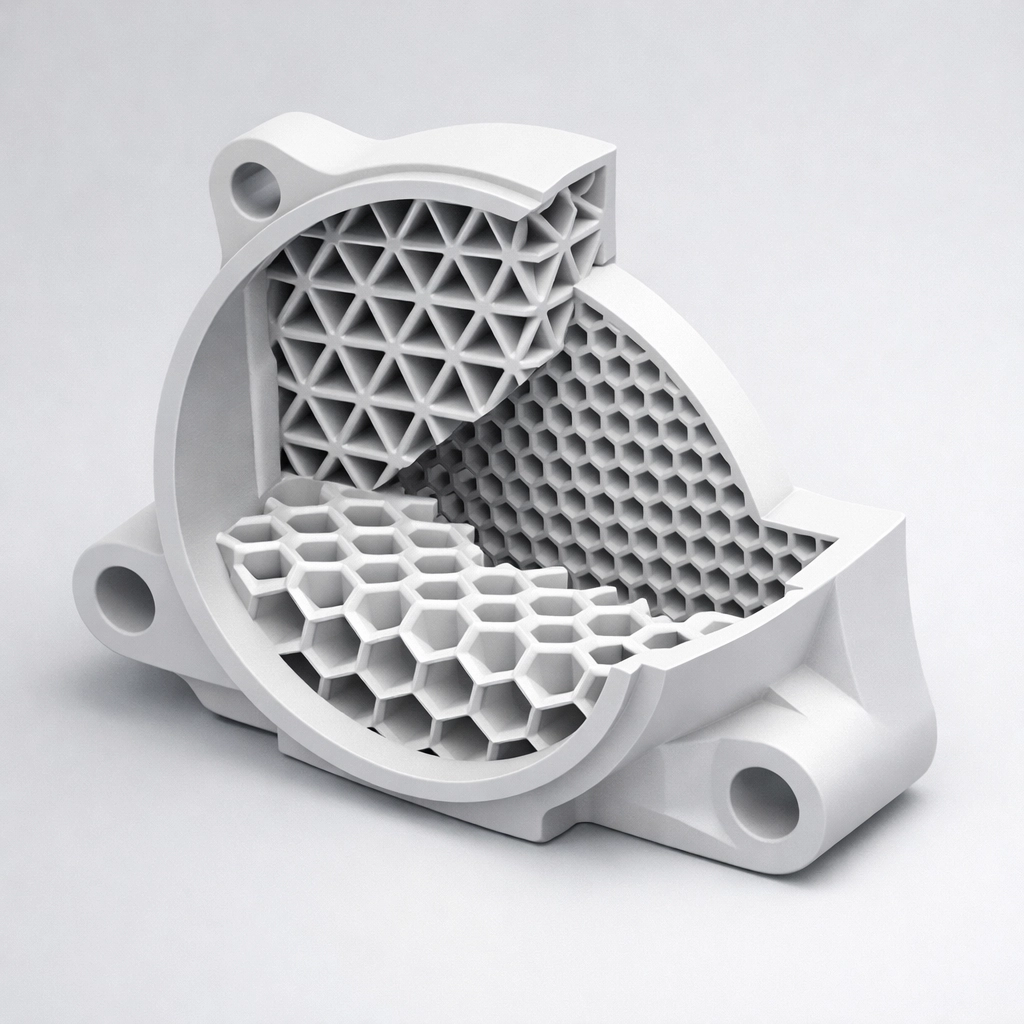 Cross-section of additive manufacturing part showing internal lattice structure