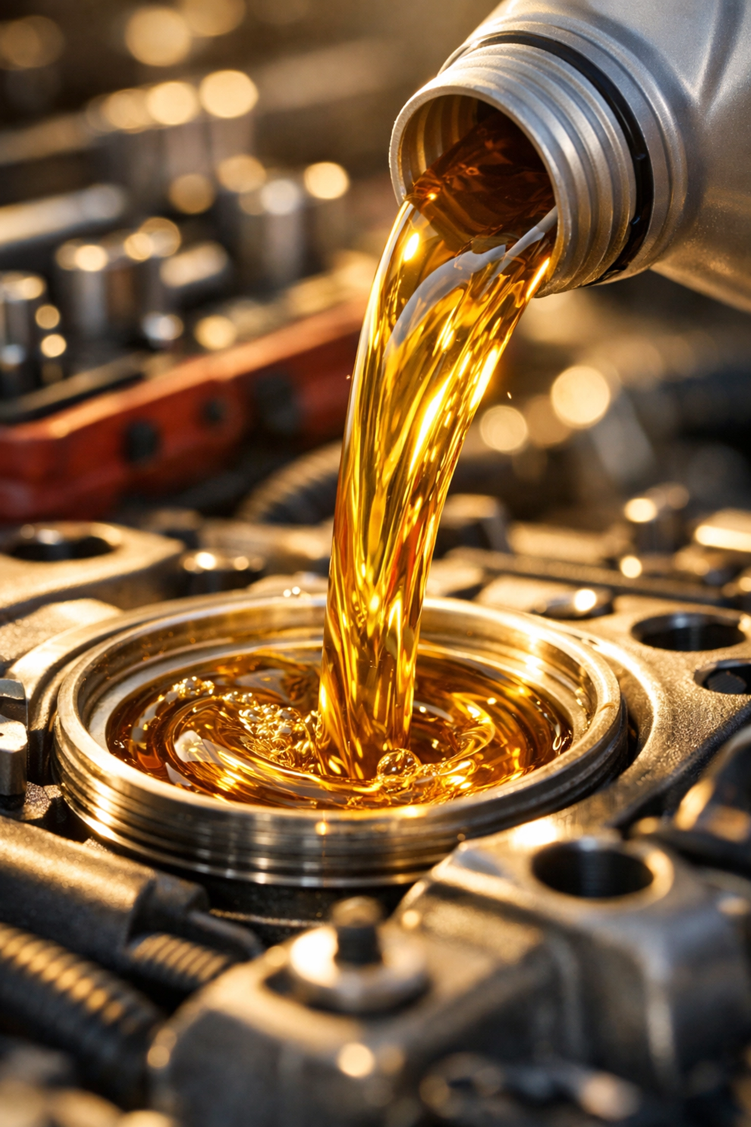 Fresh engine oil being poured into a car during a convenient mobile oil change service.