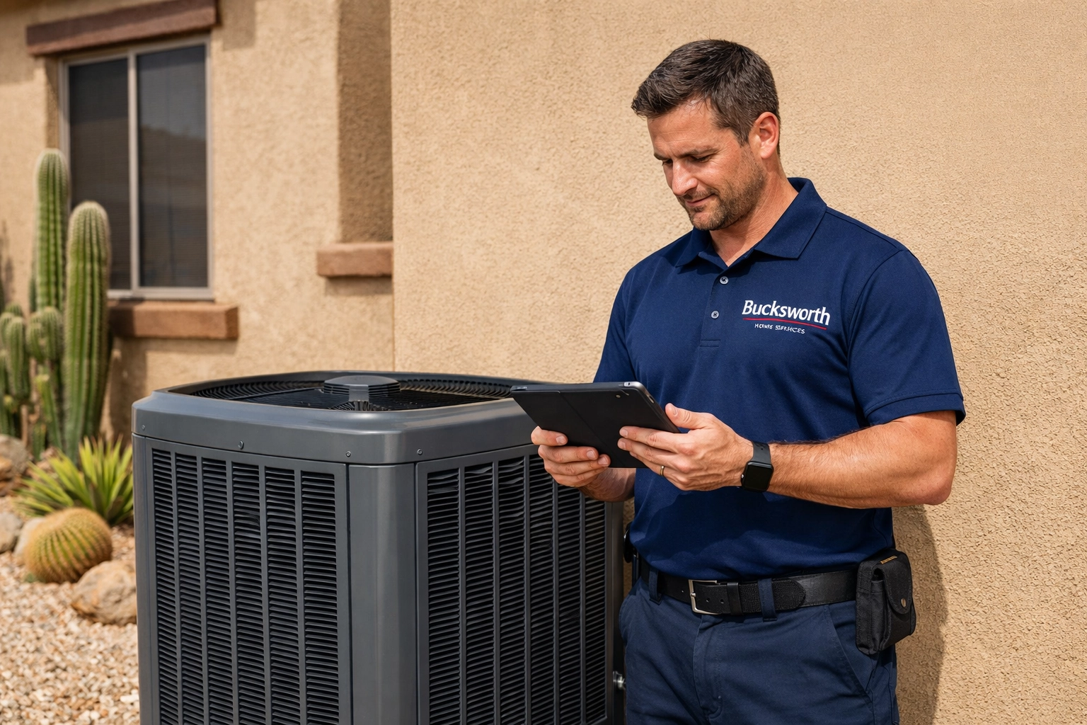 Bucksworth Home Services technician inspecting an energy efficient AC upgrade at a residential home in Peoria, AZ.