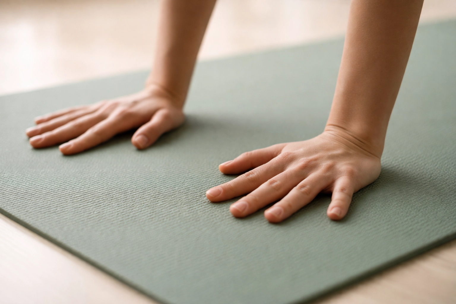 Hands placed on a sage green Pilates mat to demonstrate proper plank technique in mat Pilates