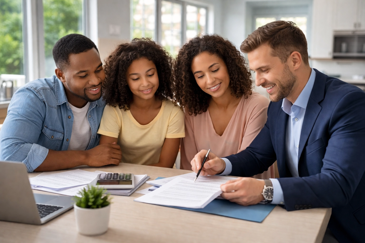Family meeting with real estate expert at home table, reviewing short sale paperwork and options in Florida.
