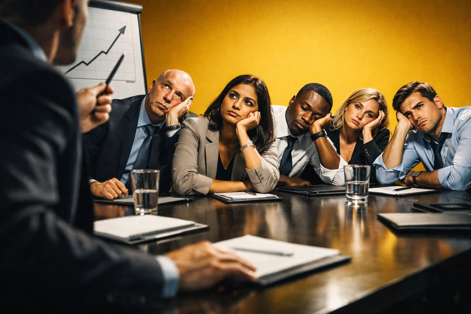 Disengaged corporate team in boring podcast meeting illustrating common corporate podcast mistakes