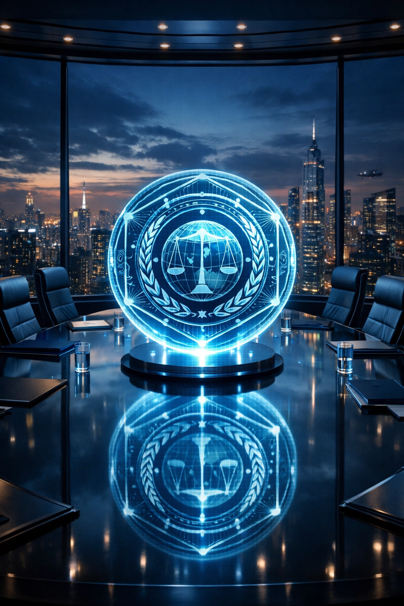 A high-tech boardroom symbolizing secure crypto payments and financial compliance for businesses.
