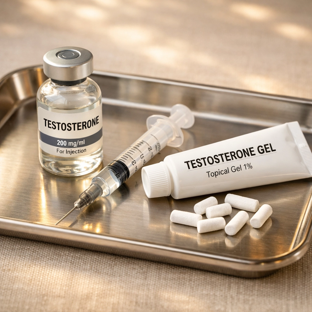 Testosterone replacement therapy administration methods including injections and pellets