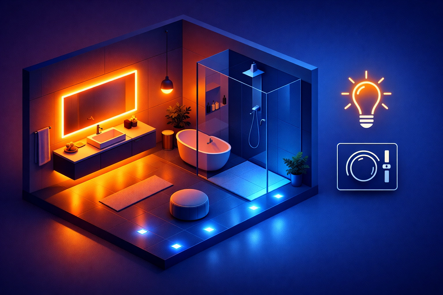 Luxury bathroom renovation Guildford showcasing layered lighting zones and smart dimmable switches.