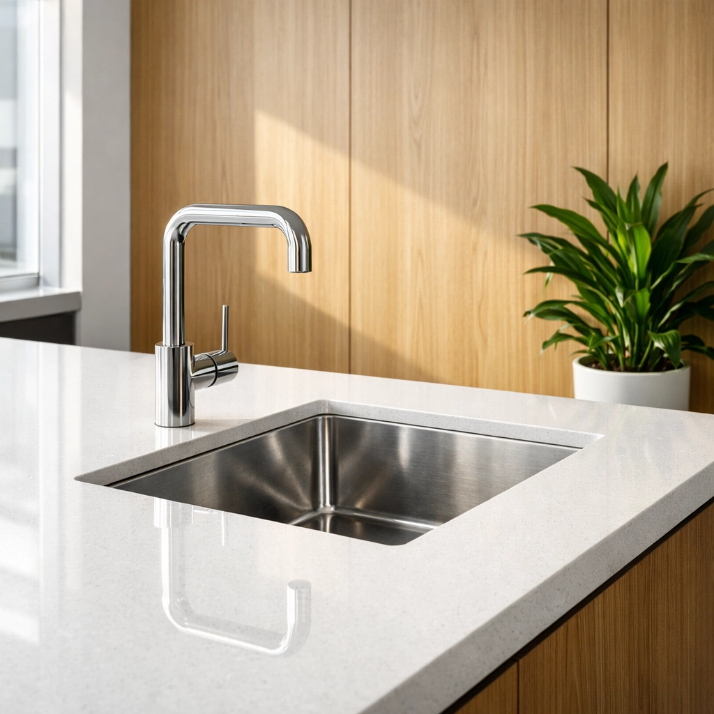 Clean modern office breakroom with a sparkling quartz countertop and sanitized stainless steel sink.