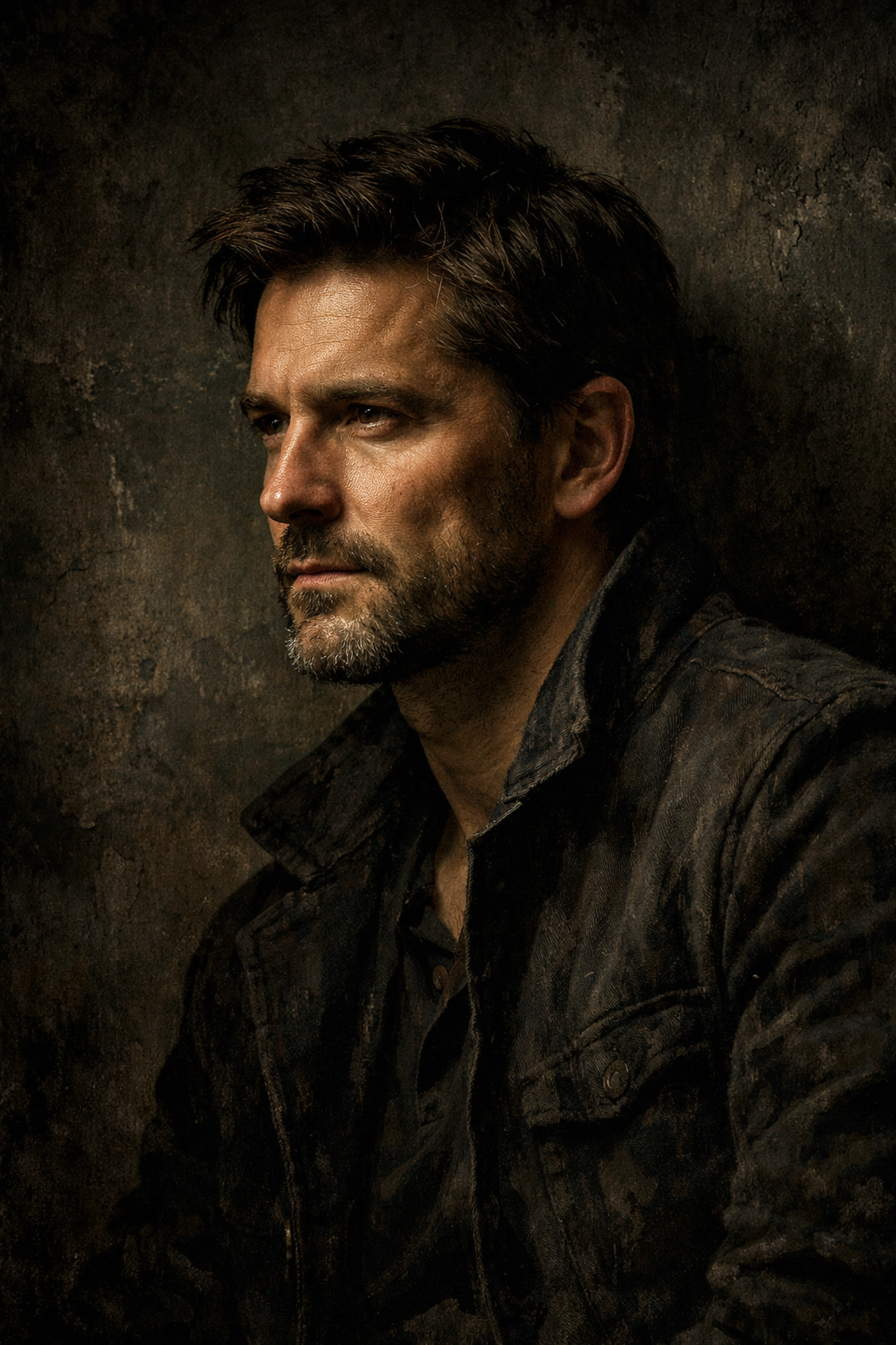 A moody portrait of a man using dramatic Rembrandt lighting to create depth and shadows.