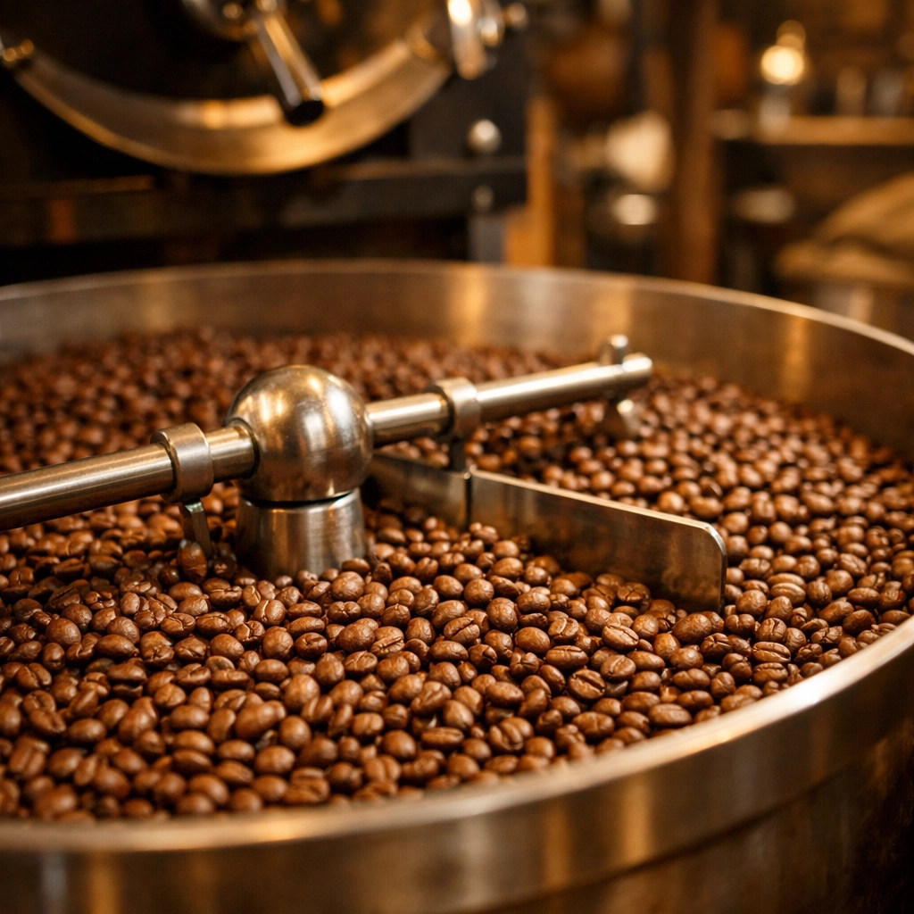 Freshly roasted coffee beans in a professional roaster tray, ensuring specialty quality.