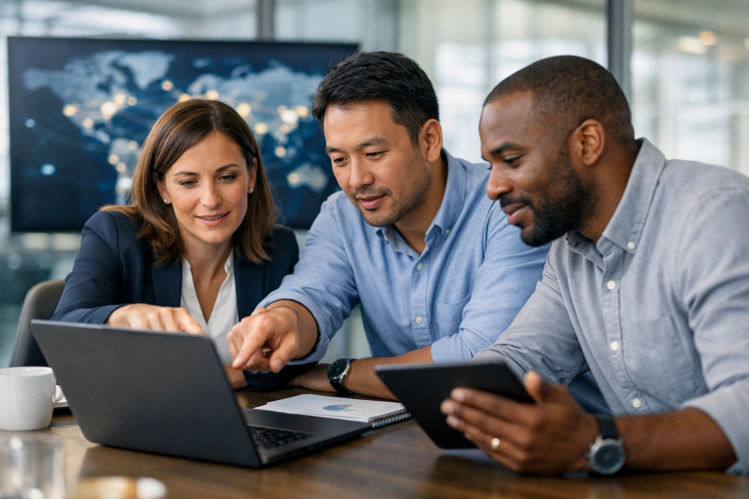 IT professionals collaborating on a global ServiceNow implementation strategy for ITOM and ITAM data.