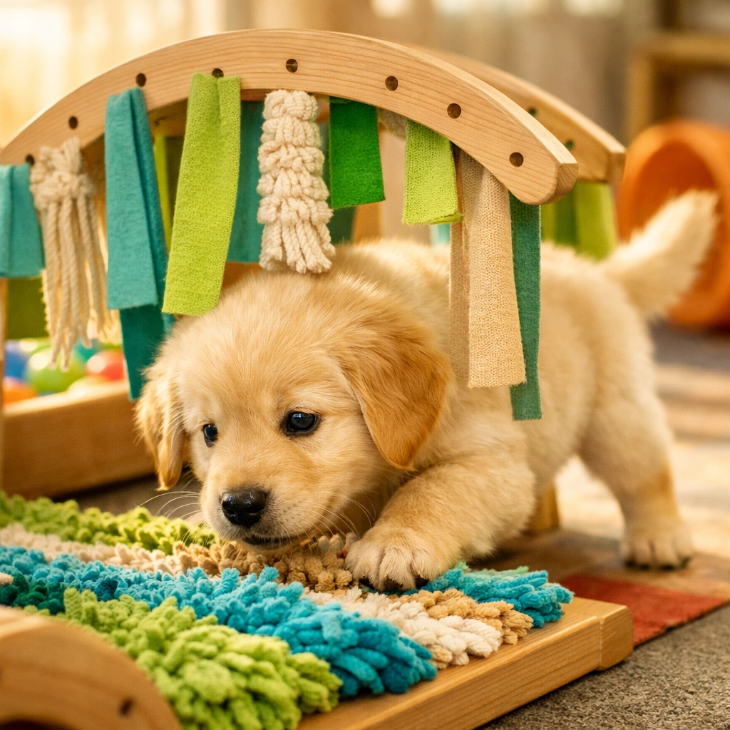 8-week-old Golden Retriever puppy in Oregon engaging in cognitive play to prepare for therapy dog service work.