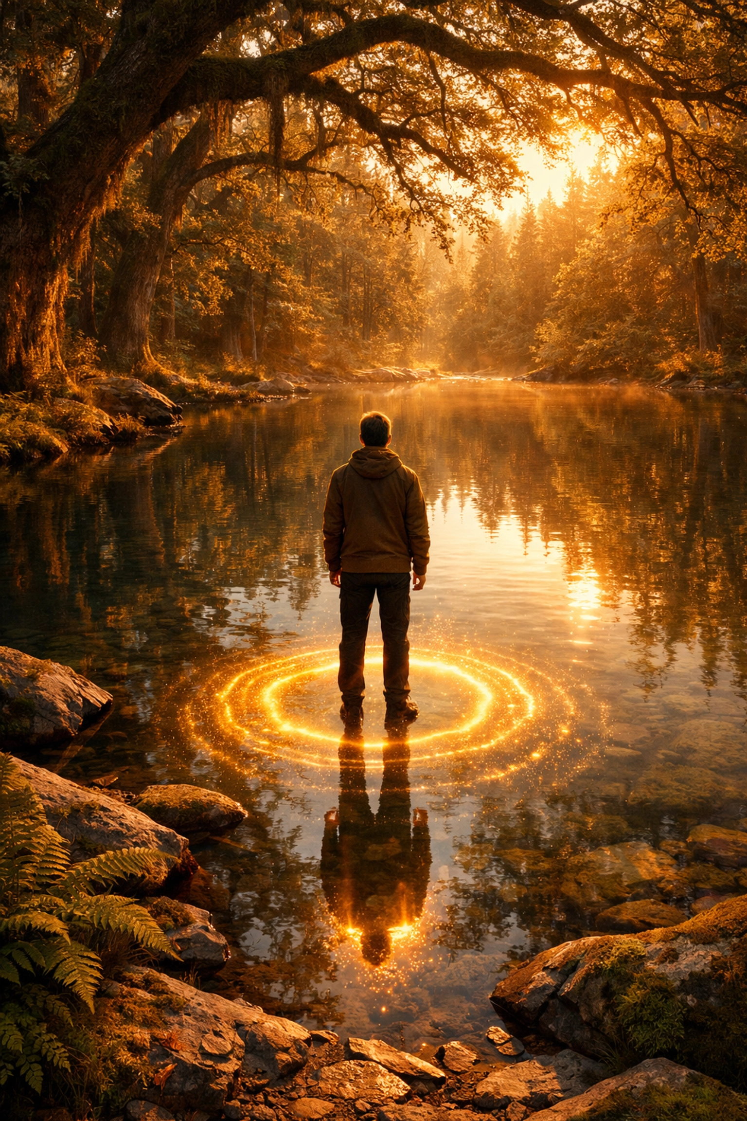 Person with a glowing aura reflection by a forest lake, illustrating the magnetic pull of inner transformation.
