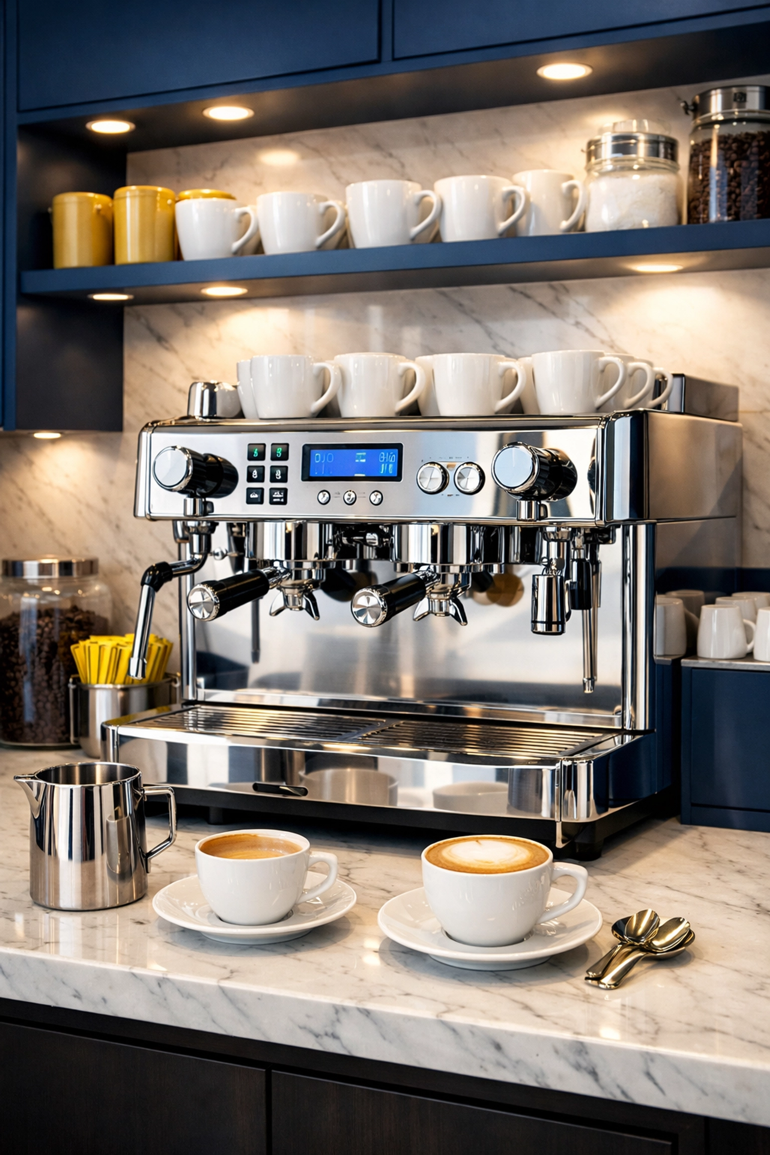 Sanitized office coffee station with a polished espresso machine and clean marble backsplash.
