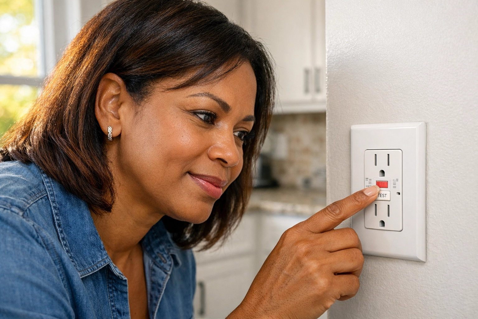 Homeowner pressing the test button on a GFCI outlet in her kitchen