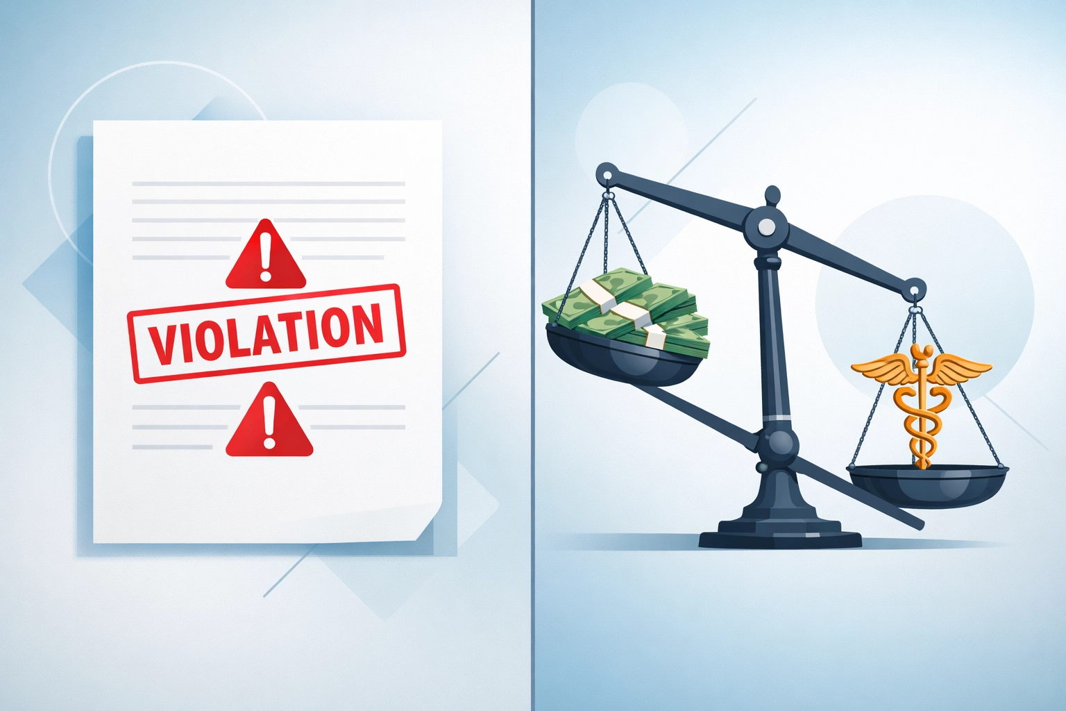 Unbalanced scales showing Anti-Kickback Statute violation with money and medical symbol