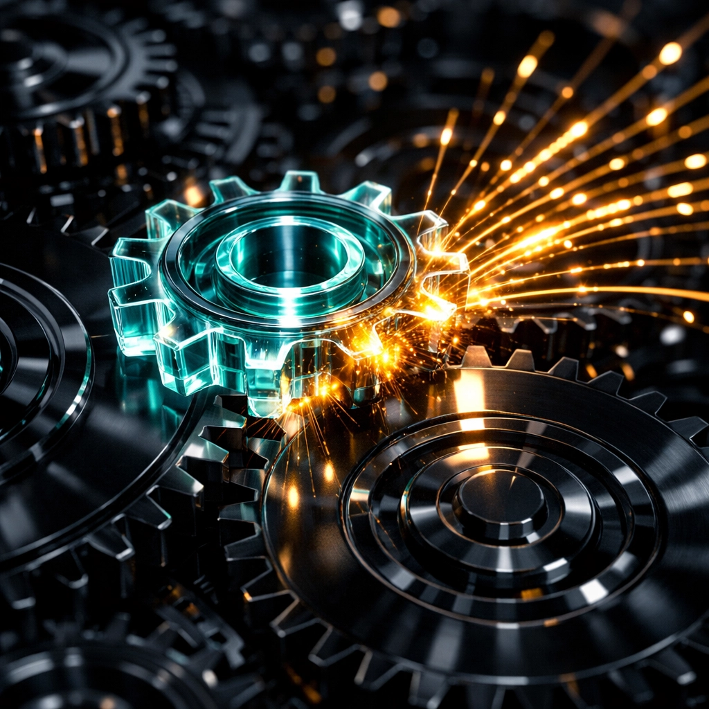 An intricate glowing gear driving a complex machine, representing AI-powered support scaling and operational efficiency.
