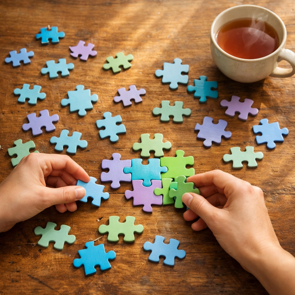 Hands arranging colorful jigsaw puzzle pieces on wooden table for stress relief