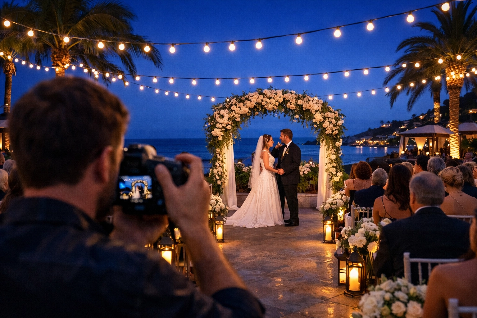 Professional photographer capturing a luxury outdoor wedding at a coastal resort during the blue hour.