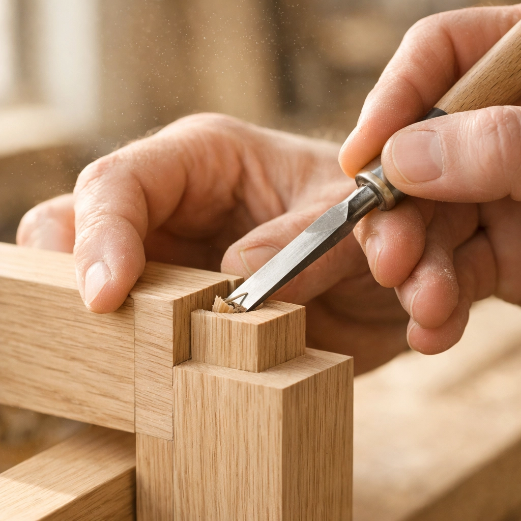 A skilled craftsman working on bespoke wood joinery for an interior design project in Derby.