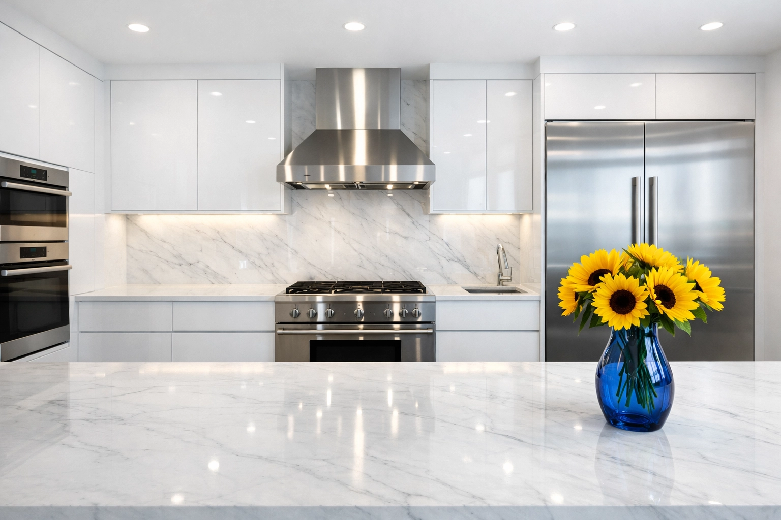 Sanitized modern kitchen with marble counters from expert apartment cleaning in Boston Massachusetts.