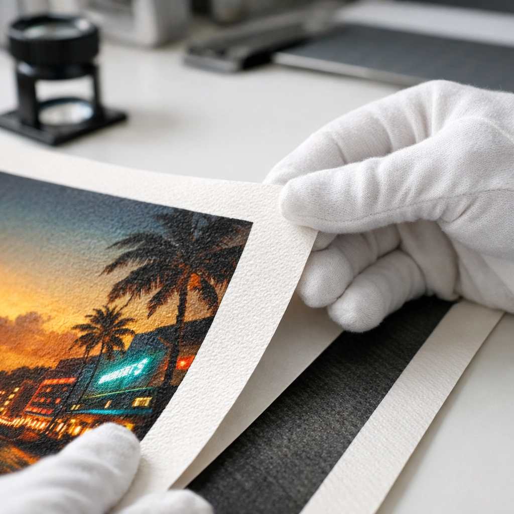 Hands in gloves inspect archival museum quality prints at a studio in the Miami Design District.