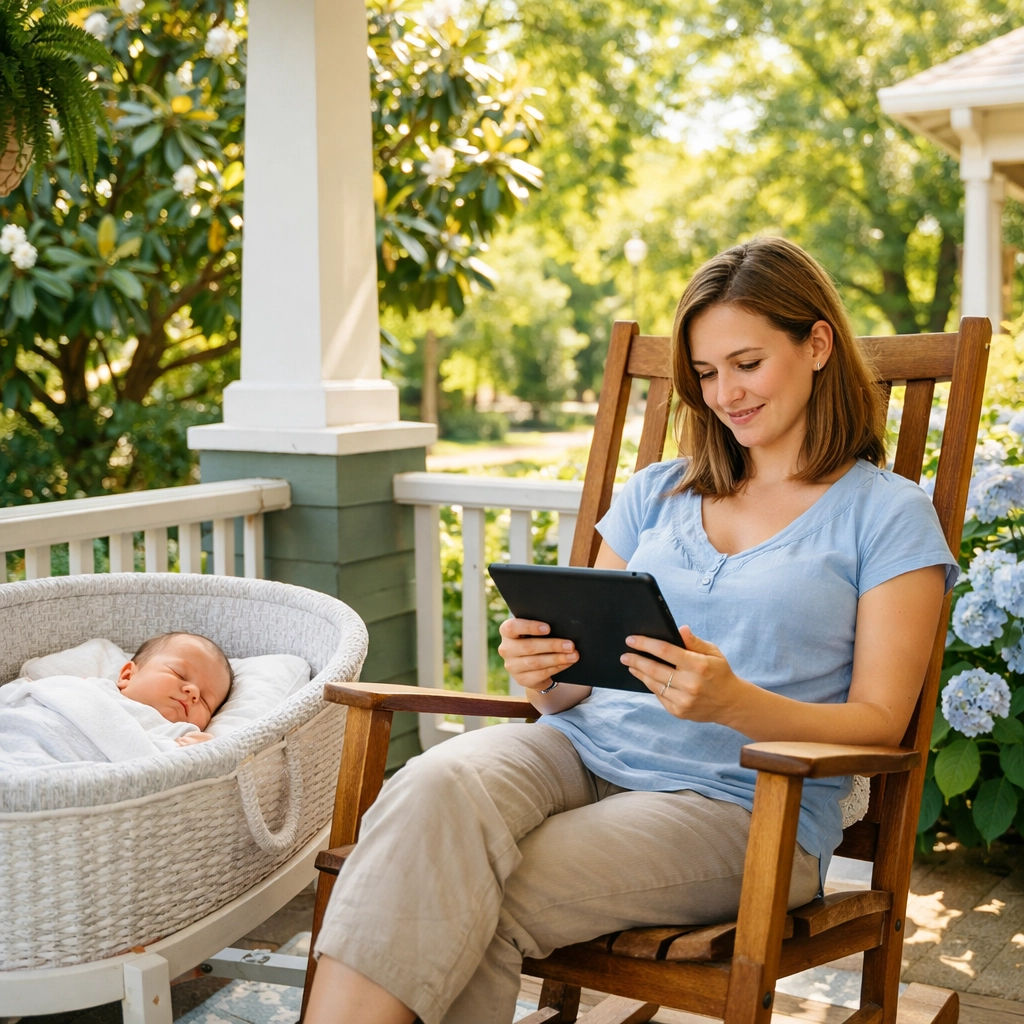 New mom in Decatur researching postpartum care on her porch while her baby sleeps in a bassinet.