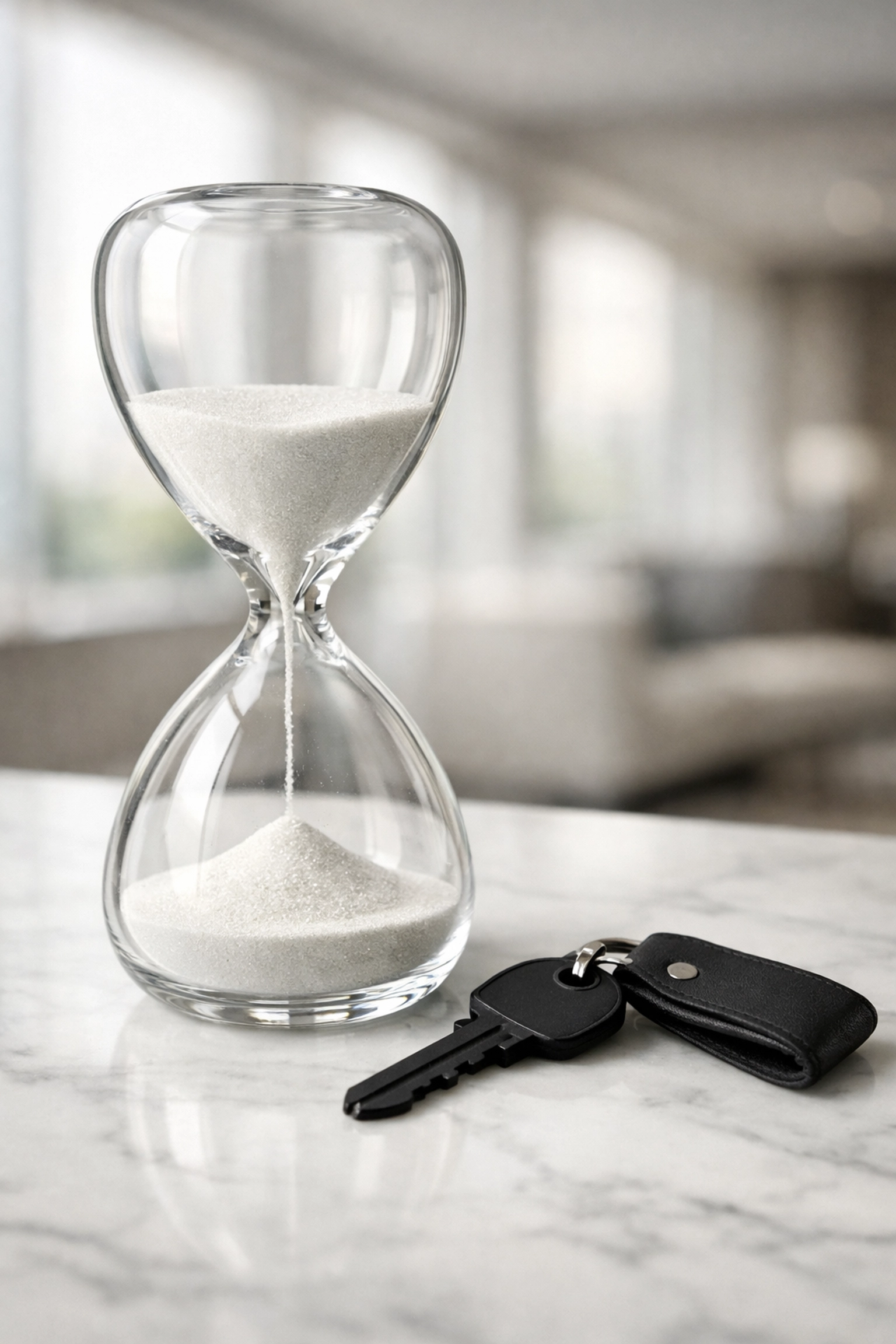 Hourglass and house key on a marble surface symbolizing strategic timing in the Houston housing market.
