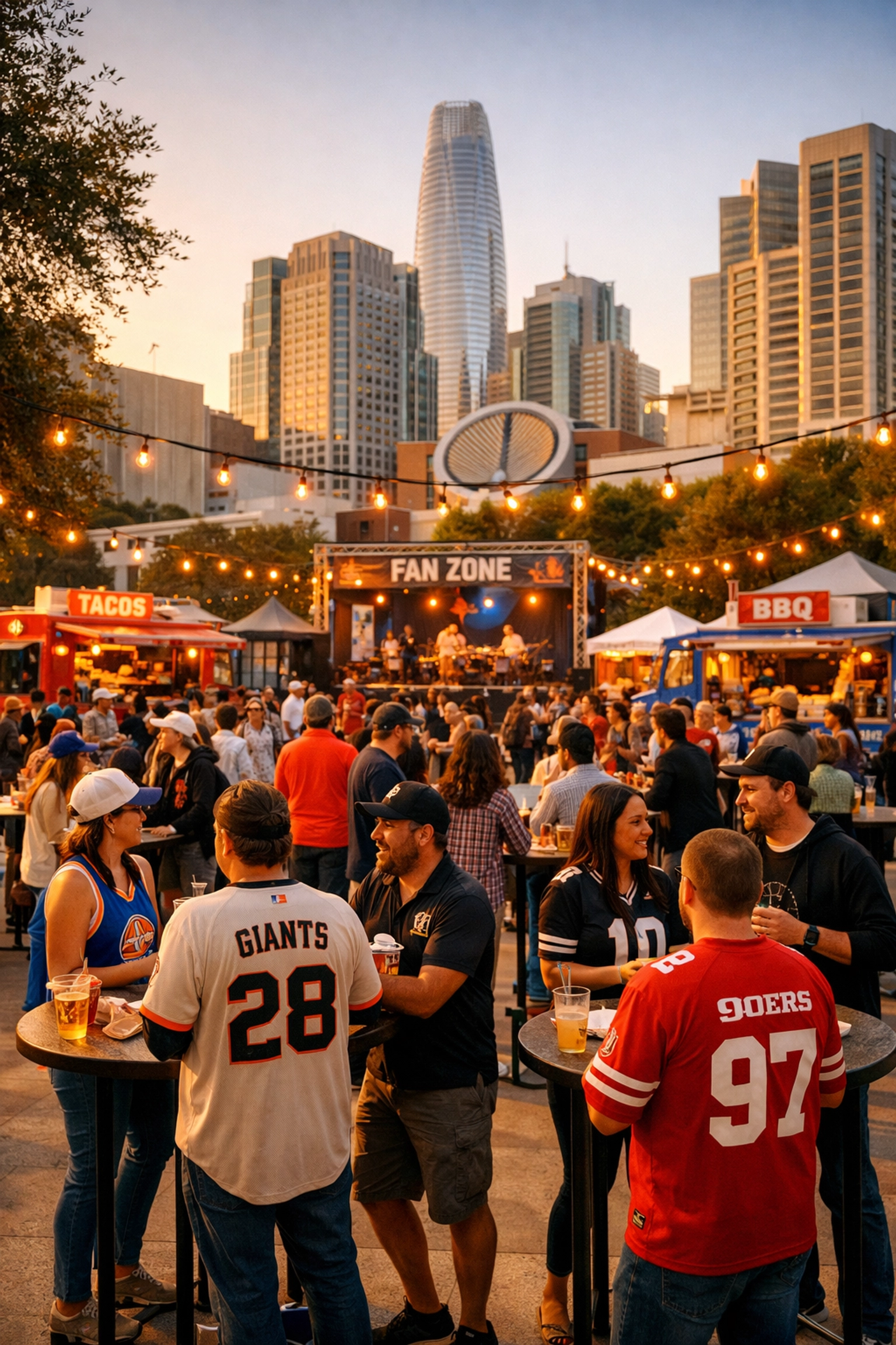 Super Bowl fan zone in San Francisco with food trucks and diverse crowd gathering outdoors